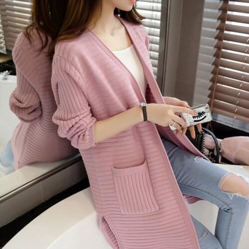 Knitted Cardigan Womens Wear Korean Loose Autumn Mid Long Solid Color Sweater Versatile Shawl Jacket Fashion Long Cardigan