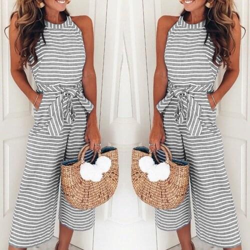 Elegant Summer Fashion Overalls Women Striped O-Neck Sleeveless Long Rompers Elegant Belt Bow Loose Party Jumsuit