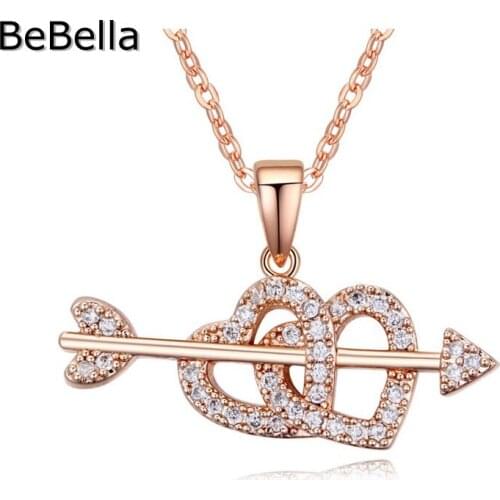 BeBella 3 Colors Double Heart Arrow Pendant Necklace with Cubic Zirconia Stone pave setting fashion jewelry gift for women girls