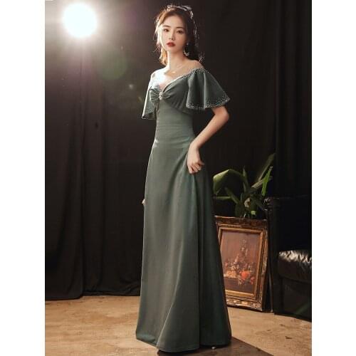 Evening Dress Female Texture Elegant One-shoulder Banquet Slim Light Luxury Ladies Host Glamorous Party Prom Beaded Dress A186