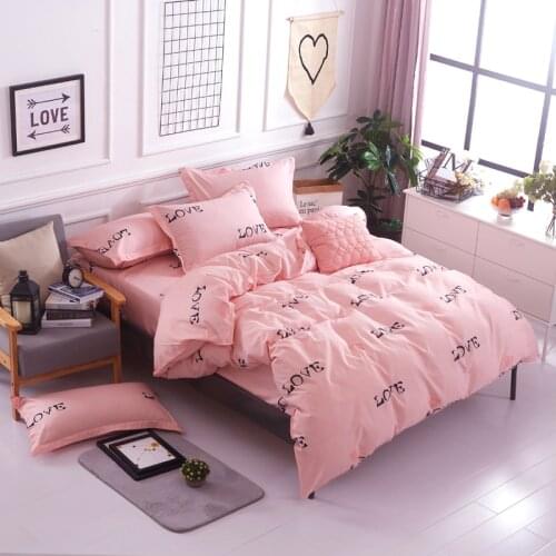Pink Love Winter Bedroom Bedding Set Egyptian Cotton Full Size Bed Set Simple Sheet, Pillowcase & Duvet Cover Sets Girl Quality