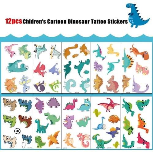 12pcs Dinosaur Tattoo Sticker Anime Kids Children Boys Face Body Cute Cartoon Fake Kawaii Tattoos Waterproof Temporary Stickers