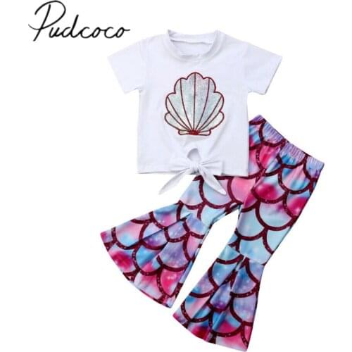 2019 Children Summer Clothing Toddler Kids Baby Girl Shell Print Knot Tops T-Shirt Scales Flared Pants 2PCS Outfits Sunsuit 0-5T