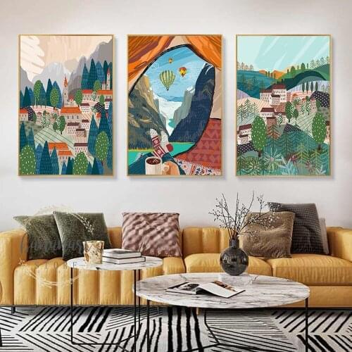 Abstract Hot Air Balloon Town Mountain Canvas Painting Wall Art Nordic Posters and Prints Wall Pictures for Living Room Decor