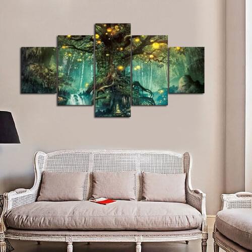No Framed 5 Pieces Abstract Modular Tree Canvas Art Painting Prints Wall Decorative Pictures for Living Room Bedroom Home Decor