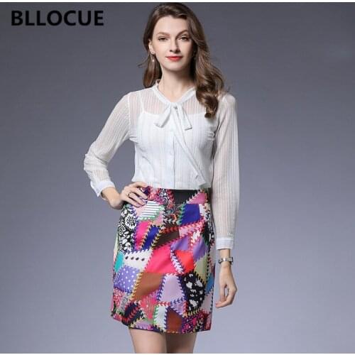 BLLOCUE Women Bow Tie Collar White Striped Chiffon Shirt Top + Fashion Print Skirt Set 2019 Autumn Office Lady 2 Piece Set