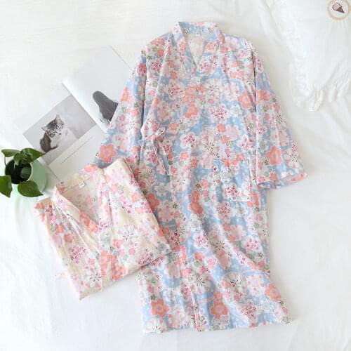 Fresh kimono robes women 100% gauze cotton sweet Cartoon long sleeve japanese robe cozy summer kimono bathrobes women