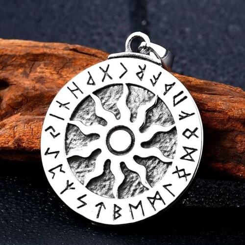 Round charm Viking Amulet pendant Stainless Steel Necklace Runes Odin Wolf jewelry for Mens Gifts