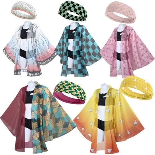 Womens Anime Demon Slayer Kochou Shinobu Bikini Swimsuit Kimono Cardigan Cover Up Summer Beach Bathing Cosplay Costume Suit Set