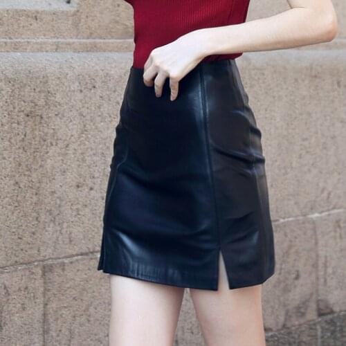 Fashion 2020 100% Real Leather Sheepskin Mini Skirts Womens Streetwear A-Line Wrap Skirt Black Office Lady Black Skirt S-3XL