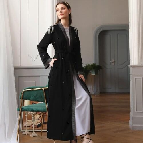 Donsignet Muslim Dress Cardigan Silver Nail Beaded Epaulet Black Robe Abaya Saudi Arabia Fashion Dress Kimono Dubai Abaya Turkey