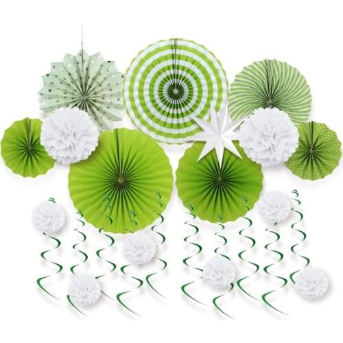 17pcs White & Green Paper Decoration kit Paper Rosette Tissue Pom Flowers Paper Star Hanging Swirl Kit for Birthday Wedding