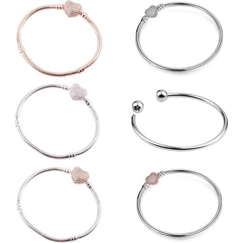 New Rose Gold Crystal Love Bracelet High quality 3mm snake chain bangle bracelet diy bead jewelry charms berloque pulsera women