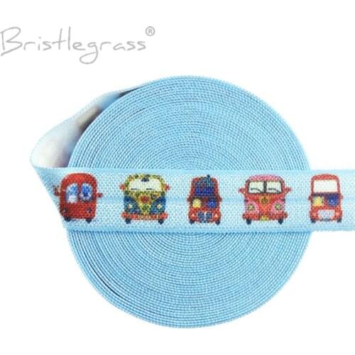 BRISTLEGRASS Wholesale 50 Yard 5/8" 15mm Cartoon Car Print Fold Over Elastics FOE Spandex Satin Bands Hair Tie Dress Sewing Trim
