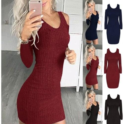 Autumn Winter Spring Women Dress Elegant Black Long Sleeve Cold Shoulder Vestidos Knitted Bodycon Sheath Pencil Mini Dress