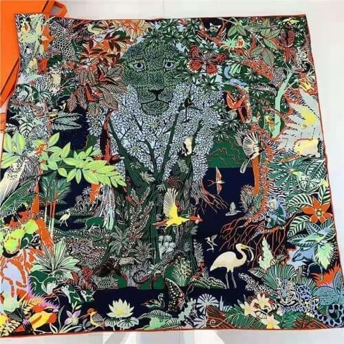 POBING Manual Hand Rolled Twill Silk Scarf Women Animals Forest Square Scarves Echarpes Foulards Femme Wrap Bandana Hijab 90CM