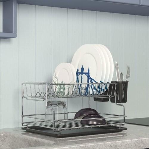 Dish Drying Rack with Drainboard Drainer Kitchen Light Duty Countertop Utensil Organizer Storage Two Tiers Foldable Cutlery Tray