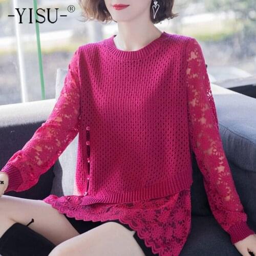 YISU Spring Women Sweater Jumper O-Neck Spring tops Hollow out Lace Long sleeves Top Female Solid color Casual Knitted pullover