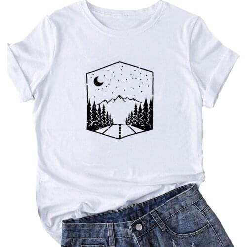 Sunrise Sunset Organic Camping Hiking Mountain Graphic Tee Women Short Sleeve T Shirts Women Cotton Tshirt Women Top