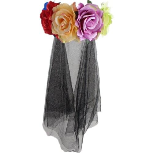 Black Flower Headband With Veil - Fancy Dress Costume Accessory Gothic Hair Hoop Masquerade Party For Women Christmas Halloween