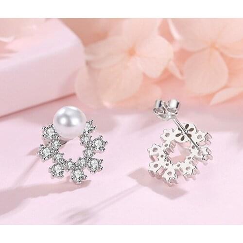 S925 Sterling Silver Earrings for Women Sterling Silver Pearl and Diamond Stud Earring Fine Jewelry for Wedding Crystal Earrings