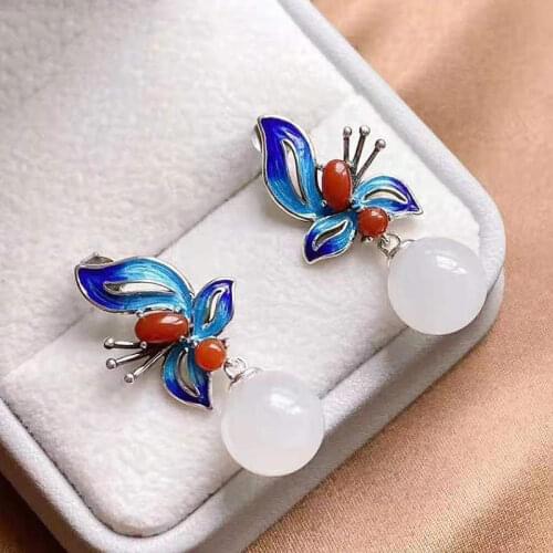 925 Silver Hetian Jade Earrings White Jade Natural Sterling Silver Burnt Blue Butterfly Ethnic Earrings Womens Sterling Silver