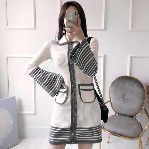 Korean style slim knit vestidos de festa striped flared sleeve sweater dress women chic midi dress womens clothing