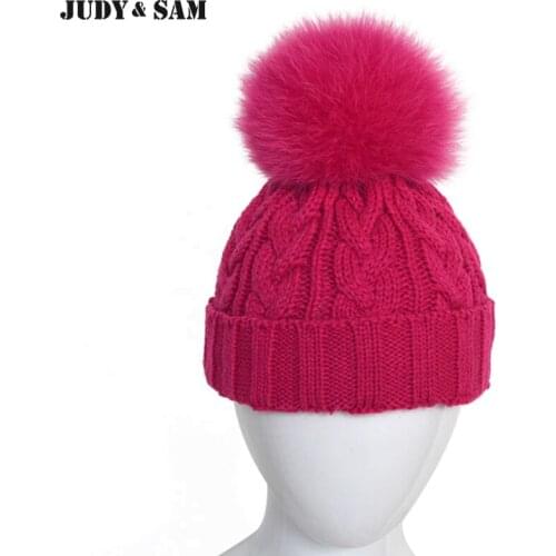 1-3 Years Kids Winter Knitted Beanies With Luxury Genuine Fox Fur Pom Pom Real Fur Ball Bobble Hats for Girls
