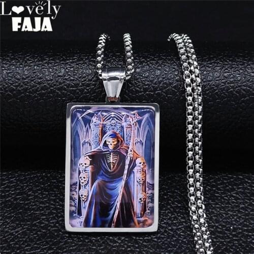 2021 Fashion Death Scythe Skull Stainless Steel Glass Geometry Chain Necklace Men Silver Color Jewelry colier homme N5227S03