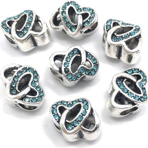 Free shipping 20pcs 14x10mm heart & heart lake blue rhinestone alloy beads fit European bracelet DIY fashion jewelry Accessories