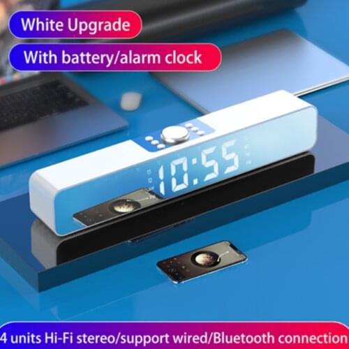 Bluetooth-compatible 5.0 Soundbar Noise Cancelling Speaker Wireless Alarm Clock Soundbar LED Speaker, White, with Screen