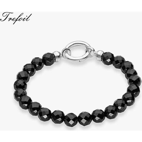 Bracelet Strand Classic with Black Onyx Beads, 925 Sterling Silver Fashion Jewelry Pulseras Punk Gift for Men Boy Women Girls