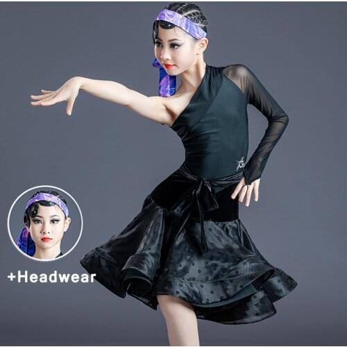 Kids Latin Dance Dress For Girls Black Mesh One-Sleeve Latin Competition Clothing Samba Show Costume Practice Dance Dress BL5694
