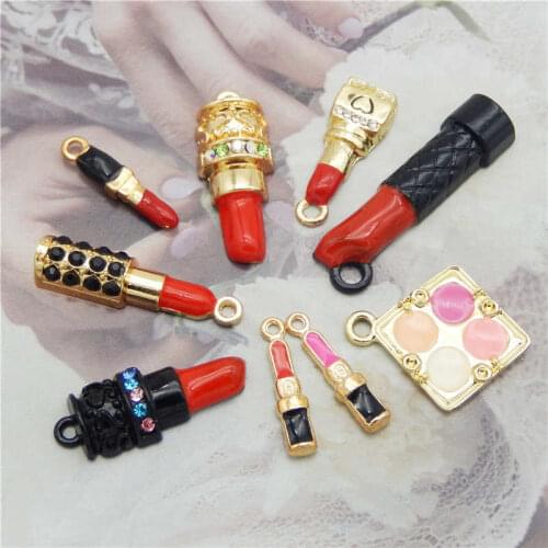 Julie Wang 9PCS Enamel Cosmetic Charms Mixed Girl Lipstick Eyeshadow Alloy Gold Tone Necklace Bracelet Jewelry Making Accessory