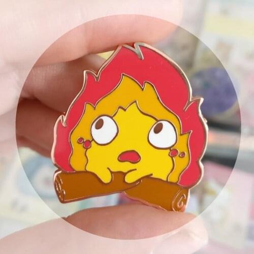 Classic Anime Calcifer Fire With Wood Enamel Brooch Pin Backpack Hat Bag Collar Lapel Pins Badges Women Mens Fashion Jewelry