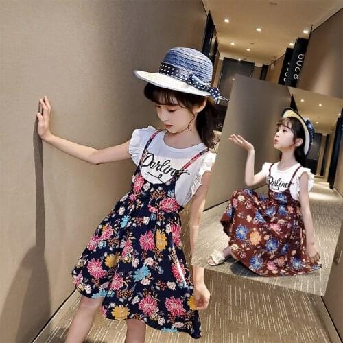 Korean Cute 10 12 Year Childrens O-Neck Knee-Length Princess Flower Dress + Hat Summer Fashion Beautiful Boutique Kids Clothes
