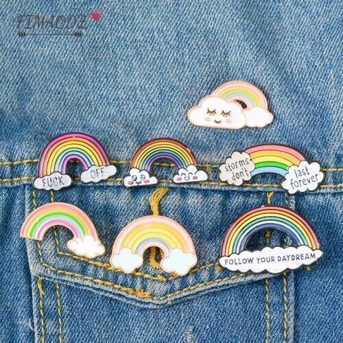 FIMAODZ Lovely Rainbow Clouds Enamel Pin Cute Expression Creative Cartoon Metal Brooch Pins High Grade Weather Badge Party Gift