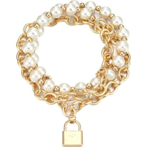 ORNAPEADIA Retro Multilayer Pearl Chain New Womens Jewelry Concentric Lock Pendant Alloy Bracelet for Women Luxury Jewlery
