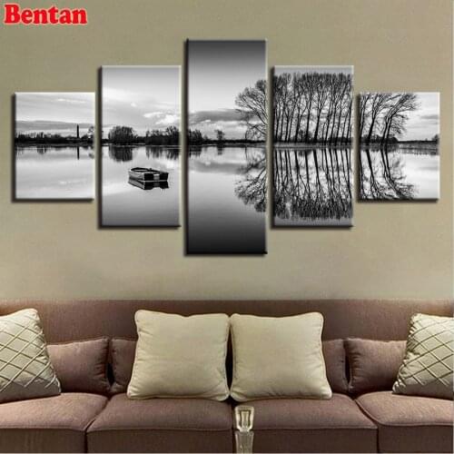 5 pieces 3d diamond embroidery Ship Lake Tree Landscape Diamond Painting Full drill Square Mosaic diamond round, Black White Art