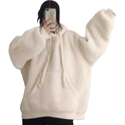 2021 New Fashion Apricot Pullovers Female Lamb Wool Thicken Hoodies Sweatshirt Women Autumn Winter Hooded Coat Drop Shoulder