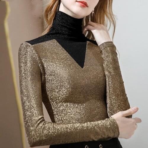 2020 New High-neck Bottoming Womens Inner Long-sleeved T-shirt Stitching Contrast Color Small Shirt