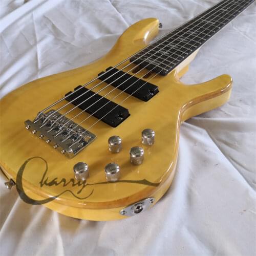 Free shipping custom 4 string guitar bass ,semi hollow bass,black body chrome pickups,black pickups，yellow neck