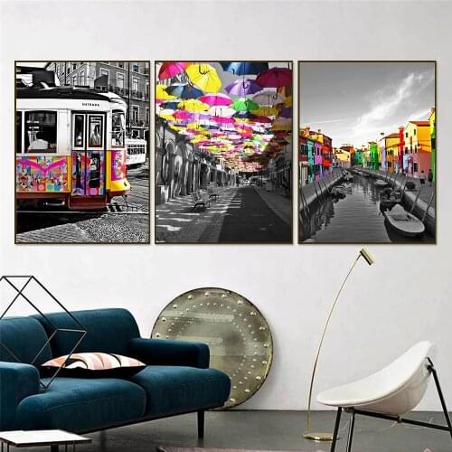 Retro Landscape Nordic Canvas Wall Art Printing Colorful Umbrella Poster Home Decoration Living Room Black White Decor Picture