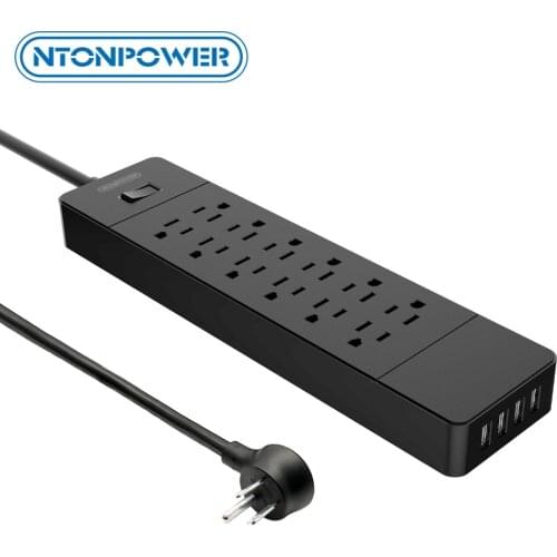 NTONPOWER USB Power Strip Surge Protector US Plug 12 AC Outlets USB Charger 4 Ports, Hanging Slot for Mounted, 1.5M Power Cord