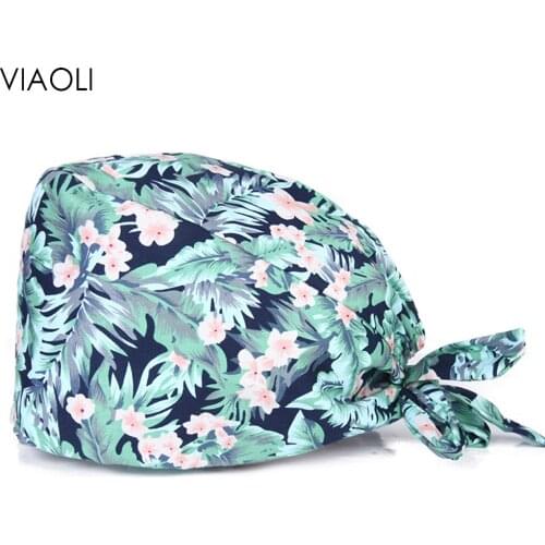 Wholesale Multicolor Floral printing sweat-absorbent Scrub hats Beautician cute working hats unisex spa Breathable Scrubs caps