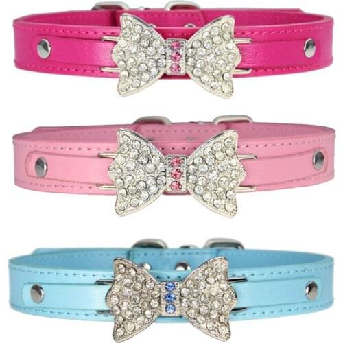 Rhinestone Bow Bowknot Pet Dog Collar for Small Medium Dog Neck Strap Adjustable Safe Puppy Collars PU Leather Dog Accessories