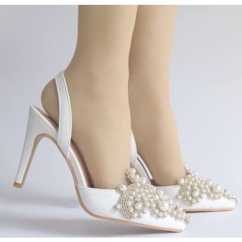 Summer Women Pumps High Heels Lace Pearl Elegant Heeled Sexy Pointed Slingbacks Wedding Party Dress Rhinestone Courtesy Shoes