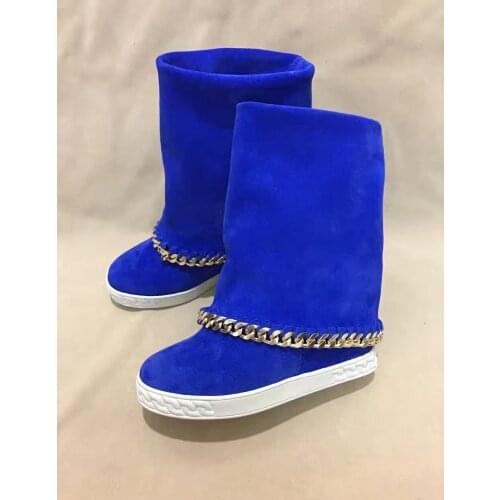 Hot Blue Suede Leather Women Chain Rim Mid-Calf Boots Round Toe Ladies Inside Wedge Heel Boots Slip On High Heel Boot Size 41