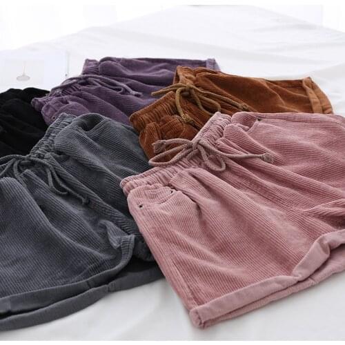 Cuffed Drawstring Corduroy Shorts Women Washed Cotton Casual Shorts