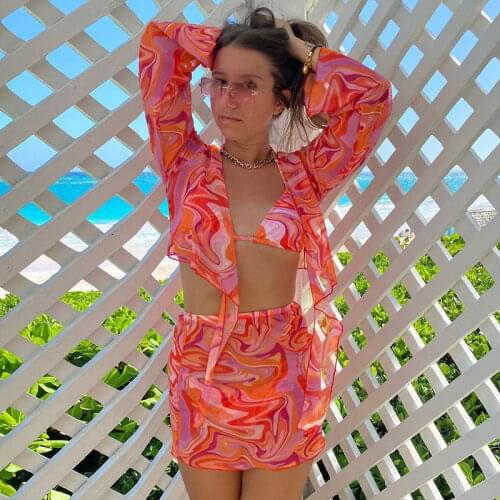 See Through Y2K Sexy Bikini Mesh Tie Dye Print Long Sleeve Crop Top Women Bandage T Shirts 2021 Summer Transparent Beach